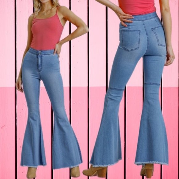 Umgee | High Rise Fringe Hem Bell Bottom Stretch Denim Jeans Light Wash New 3 - Picture 1 of 14